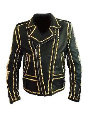 Buy New Philip Plein Golden Studded Black Leather Jacket With Skull Back, Luxury • 199.99£