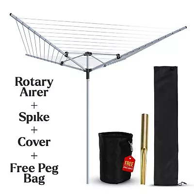 Buy 4 Arm Garden 60m Rotary Airer Clothes Dryer Washing Line W/ Ground Spike & Cover • 42.50£
