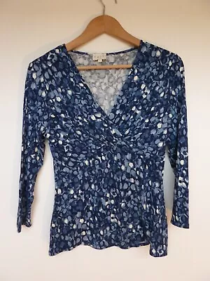 Buy EAST Navy Blue Cream Pastel Blue ABSTRACT FITTED Faux Wrap Top Size 10 • 13.99£