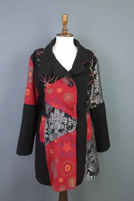Buy SAVE THE QUEEN Black Jacquard Printed Wool Double Breast Coat Jacket Size M • 86.85£