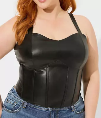Buy NWT Torrid 4 Black Faux Leather Corset Smocked Back Crop Top, Punk Goth, 4X 26 • 30.23£