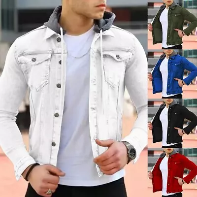 Buy Men’s Lapel Tops Autumn Winter Jacket Button Up Slim Fit Jean Coat With Hood • 22.33£