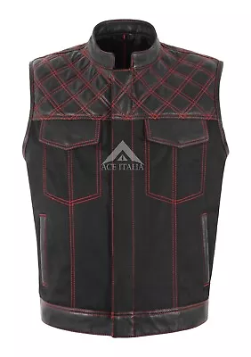 Buy Men's Biker Waistcoat Vest Cordura Black Red Stitching Quilted SOA Leather Vest • 55.43£