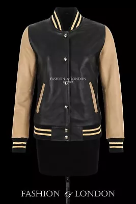 Buy Women's Varsity Letterman Baseball Black Beige Bomber Biker Real Leather Jacket • 103.99£