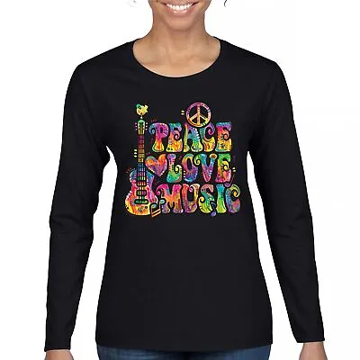 Buy Dean Russo Peace Love Music Women's Long Sleeve T-shirt Guitar Happy Good Vibe • 30.26£