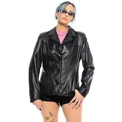 Buy Vintage Y2K Black Leather 90s 2000s Club Kid Matrix Cyber Goth Jacket Coat M L • 54.94£