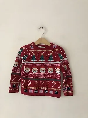 Buy H&M Girls Red Christmas Xmas Tree Patterned Chunky Jumper Knit -Age 2-3, 3-4 • 9£