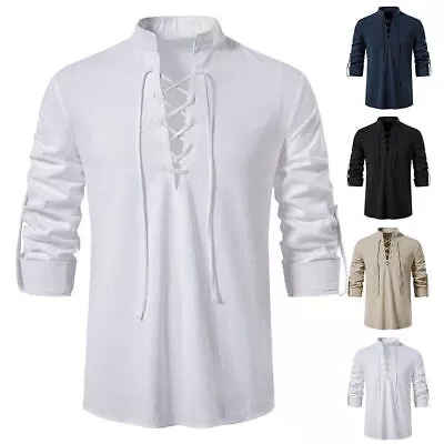 Buy Mens Medieval Cosplay T-Shirt Lace Up V Neck Shirts Blouse Tops Clothes Costumeפ • 15.76£