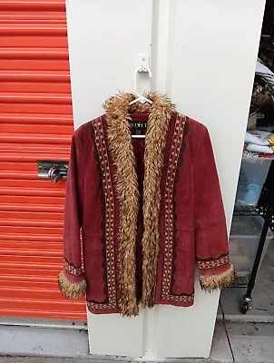 Buy MIXIT Burgundy Leather Faux Fur Boho Jacket Aztec Southwestern Womens Med Coat  • 36.63£