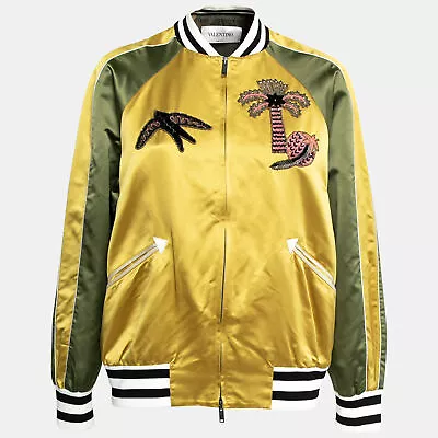 Buy Valentino Yellow & Green Silk Satin Embroidered Patch Detail Bomber Jacket L • 1,010.86£
