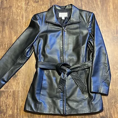 Buy Worthington Women's M Black Genuine Leather Jacket Belted Full Zip • 37.89£