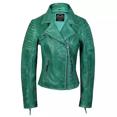 Buy  Womens Vintage Slim Fitted Soft Real Leather Ladies Biker Jacket UK Size 6 – 24 • 89.99£
