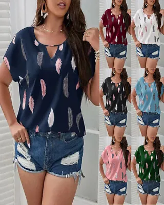 Buy Womens Plus Size T Shirts Short Sleeve Ladies Loose Blouse V-Neck Print Tops Tee • 5.88£