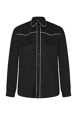 Buy Men's Black Gothic Rockabilly Rock White Piping Trim Fitted Shirt BANNED Apparel • 34.99£