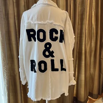 Buy ELAN Womens Medium Oversized Rock And Roll Fringe White Shirt Jacket • 31.66£