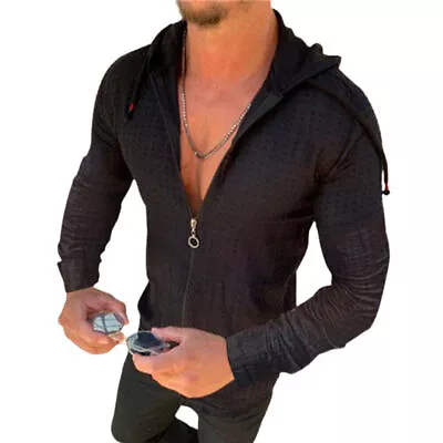 Buy Men Long-Sleeve Full Zip Hoodie Hooded Casual T-Shirt Slim Fit Tee Muscle Tops • 10.55£