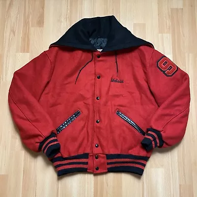 Buy Vintage DeLong Varsity Jacket Size Medium Red Hood Wool USA 80s 90s Bomber Snap • 59.99£