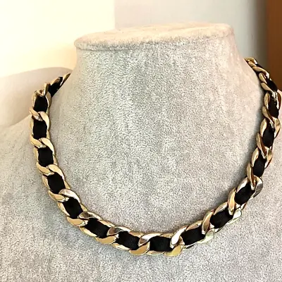 Buy Heavy Flat Lay Necklace Gold Tone Metal Threaded With Black Costume Jewellery • 16£