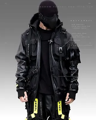 Buy Men's Techwear Black Leather Jacket Hoodie Full Zip Buckle H-G B.O.M.B 04/LEATH • 266.12£