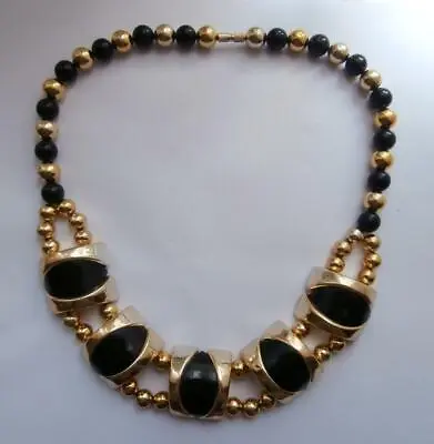 Buy Vintage 1980's Retro 1950's Black & Gold Chunky Plastic Bead Statement Necklace • 14.99£