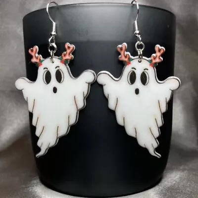 Buy Handmade Silver Christmas Ghost Reindeer Earrings Gothic Gift Jewellery Women  • 3£