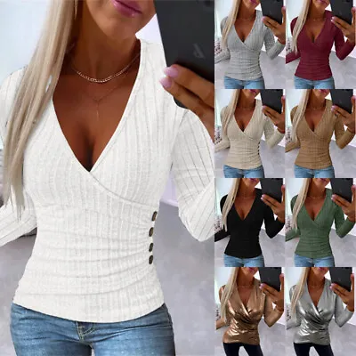 Buy Women V Neck Wrap Tops Slim Ribbed / Wet Look Long Sleeve T-Shirt Blouse Size 14 • 10.49£