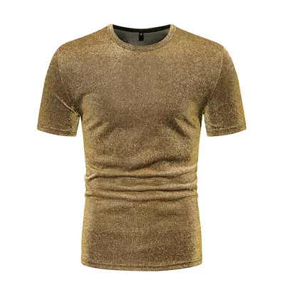 Buy Men's Round Neck Short Sleeve Gold Tee Top Party T Shirts Summer Casual Tee • 18.12£