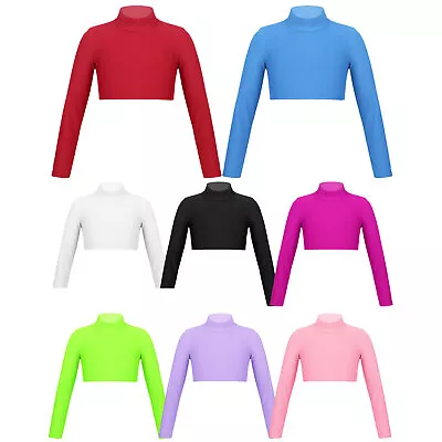 Buy Girls Stretchy Long Sleeve Turtle High Neck Crop Top Ballet Dance Sport T Shirts • 8.12£