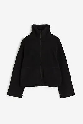 Buy H&m Black Zip Up Oversized Zipper Fleece Jacket Collared Borg Teddy Size S • 14.95£
