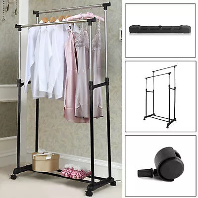 Buy Double Clothes Coat Rail Garment Dress Hanging Display Stand Shoe Rack On Wheels • 9.95£