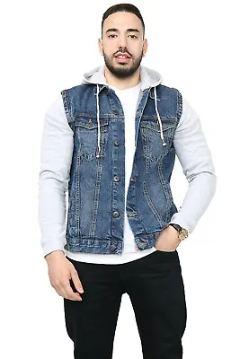 Buy Mens Denim Jacket With Fleece Sleeves & Detachable Hood Trucker Classic Coat New • 18.99£