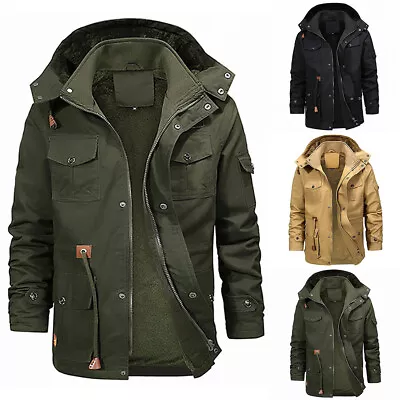 Buy Mens Fleece Fur Lined Parker Coat Jacket Hooded Zipper Winter Warm Outwear Coat • 27.59£