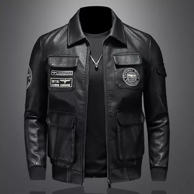 Buy Men’s Jacket Leather Biker Retro Bomber Patch Fashion Faux Vintage Coat • 54£