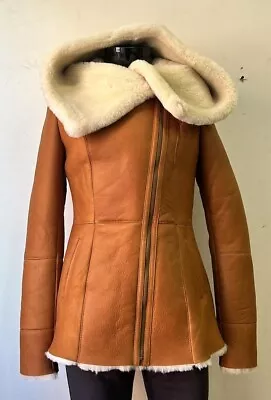 Buy Ladies B3 Flying Real Sheepskin Shearling Jacket Tan White Fur Hooded  P-743 • 150£