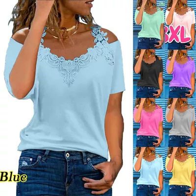 Buy Womens Summer Lace Cold Shoulder Tops T Shirt Tee V Neck Blouse Plus Size 6-24 • 9.79£