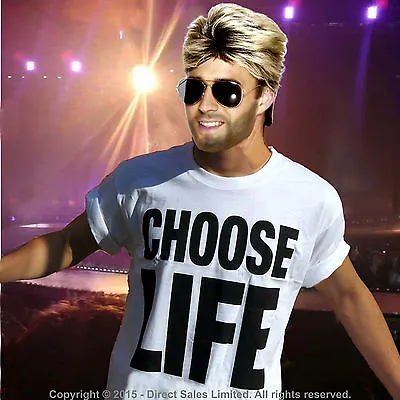 Buy CHOOSE LIFE WHAM George Michael Fancy Dress 80s T Shirt Wig Glasses Makeup Lot   • 10.99£