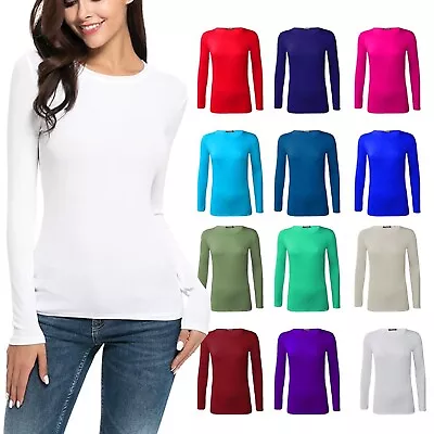 Buy Women Long Sleeve Crew Neck / Scoop Neck Slim Fit Stretchy Plain T Shirts Top • 6.99£