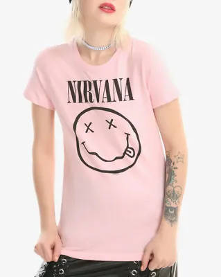 Buy Nirvana Kurt Cobain PINK SMILEY FACE Girls Women's T-Shirt NWT Official Licensed • 17£