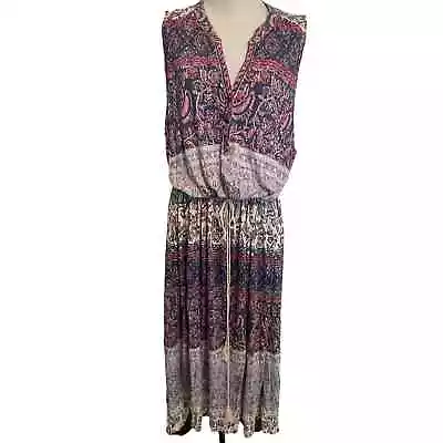 Buy Lucky Brand Mixed Print Boho Midi Dress Womens Size 2X Blue Orchid Pink Tassels • 33.71£