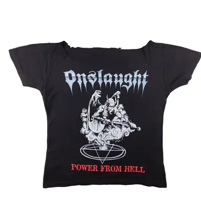Buy Onslaught Power From Hell Distressed Neck T Shirt Size XS Womens Double Print • 16.99£