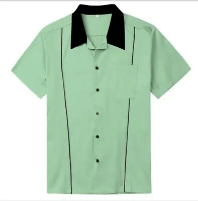 Buy Men's Clothing Rockabilly Shirts Retro Bowling Shirts Mint Green Plus Size • 45.59£