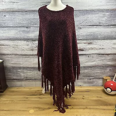 Buy New Deep Red Time And Tru Sweater Fringe Poncho Shawl Soft Stretch Chenille L XL • 13.19£
