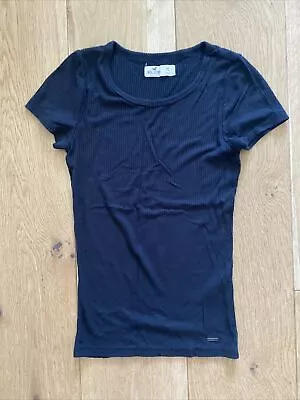 Buy Black Round Neck Fitted Ribbed T-Shirt Short Sleeve Hollister XS • 9£