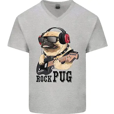 Buy Rock N Roll Pug Funny Guitar Heavy Metal Mens V-Neck Cotton T-Shirt • 9.99£