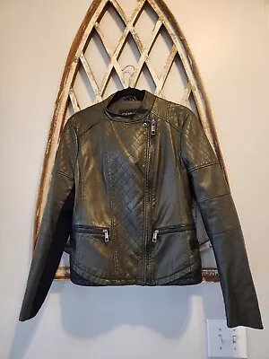 Buy Guess Womens Faux Leather Moto Jacket Dark Green Black Size L • 37.88£
