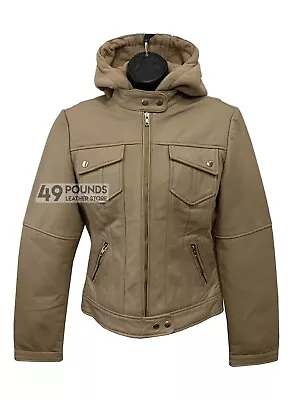 Buy Ladies Sports Fabric Hooded Jacket Beige Real Leather Biker Retro Style Jacket • 41.65£