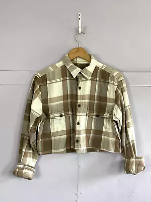 Buy Flannel Check Shirt Beige Check Cropped Reworked 90s Aesthetic Grunge Vintage • 9.99£