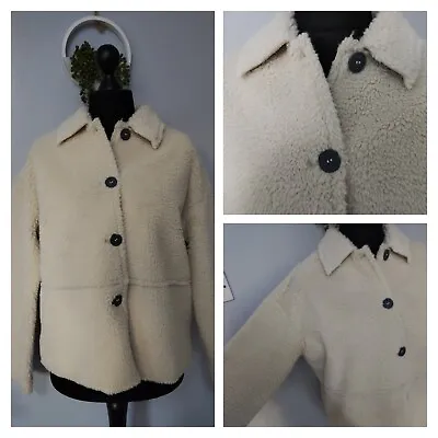 Buy Cream Faux Shearling Short Jacket Size 12 Button Fastening Cosy Warm • 9.99£