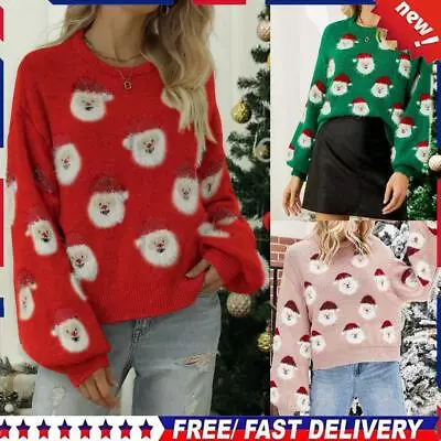Buy Women Xmas Sweater Fashion Simple Sweater Shirt Knitted Jumper Print Santa Claus • 19.19£