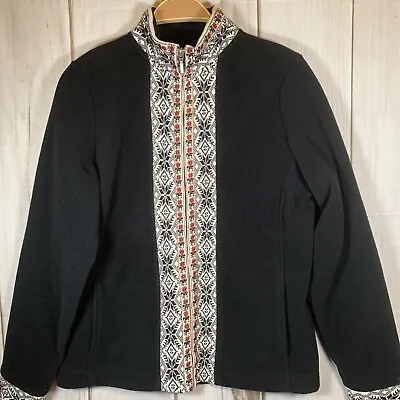 Buy LL Bean Full Zip Fleece Sweater Nordic Snowflake Women's S Black Fair Isle Trim • 22.67£